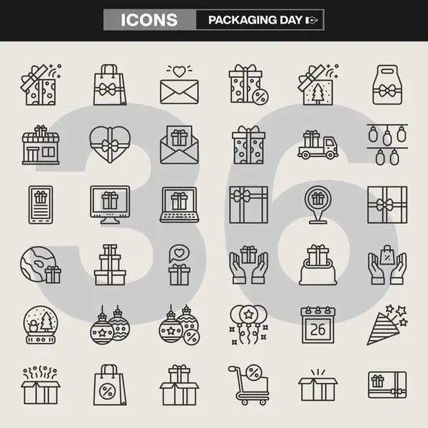 36 Boks Günü ve ambalaj ikonu koleksiyonu, hediye kutuları, satış etiketleri, alışveriş çantaları, takvimler, teslimat sembolleri ve indirimler. Tatil markalaşması, e-ticaret, UI / UX ve tanıtım materyalleri için ideal