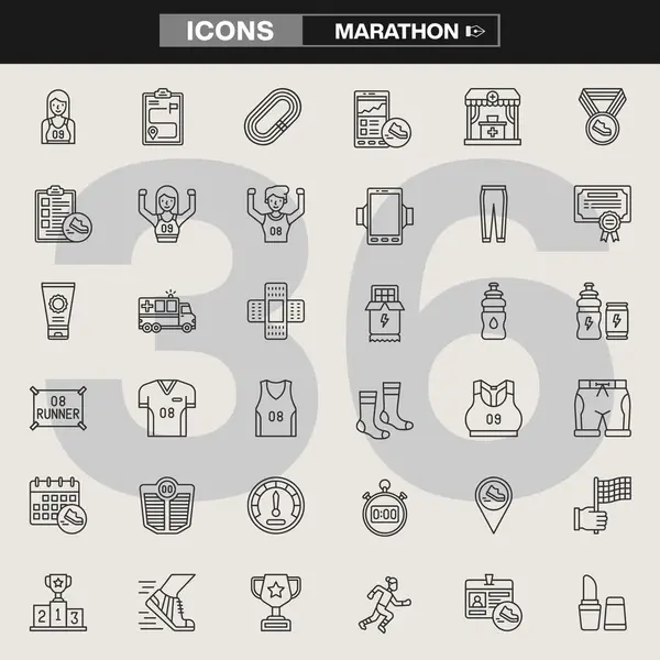 Koşucular, madalyalar, su şişeleri, koşu ayakkabıları, bitiş çizgileri ve yarış sembollerinin yer aldığı 36 adet maraton temalı simge koleksiyonu. Spor markalaşması, UI / UX tasarımı, bilgi grafikleri ve fitness bağlantılı görseller için ideal