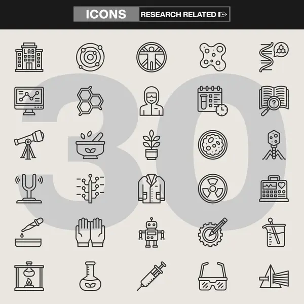 DNA iplikleri, mikroskoplar, test tüpleri, teleskoplar, robotlar, beyinler, mıknatıslar ve daha fazlasının yer aldığı 30 araştırma ikonundan oluşan bir koleksiyon. Bilimsel markalaşma, UI / UX, bilgi grafikleri ve eğitim materyalleri için ideal