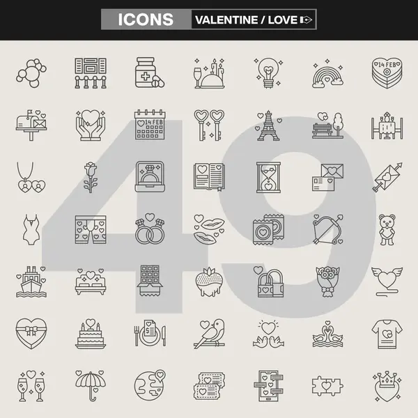 49 Sevgililer Günü ve aşk temalı ikon koleksiyonu. İçinde kalpler, çiçekler, yüzükler, hediyeler, çiftler ve romantik semboller var. Bayram markalaşması, UI / UX tasarımı, tebrik kartları ve ilişki projeleri için ideal