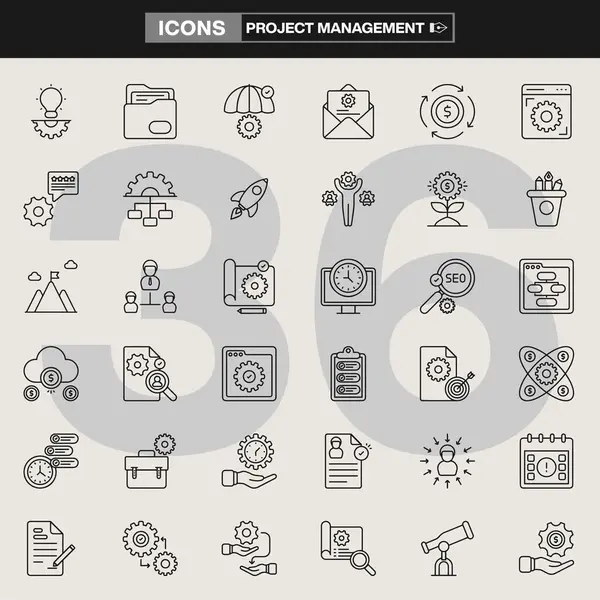 Strateji sembolleri, iş akışı unsurları, iş araçları, takım çalışması görselleri, finansal planlama ve üretkenlik varlıkları da dahil olmak üzere 36 proje yönetim simgesinden oluşan bir koleksiyon. Şirket markalaşması, UI / UX, bilgi grafikleri ve organizasyon projeleri için ideal