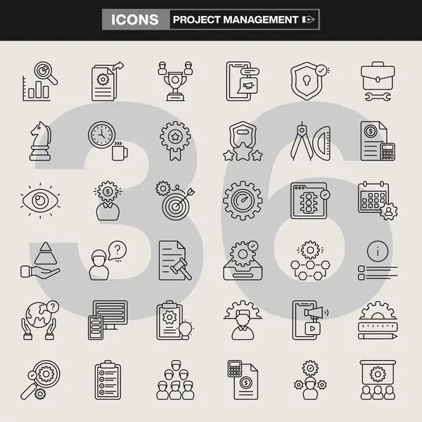 Strateji sembolleri, iş akışı unsurları, iş araçları, takım çalışması görselleri, finansal planlama ve üretkenlik varlıkları da dahil olmak üzere 36 proje yönetim simgesinden oluşan bir koleksiyon. Şirket markalaşması, UI / UX, bilgi grafikleri ve organizasyon projeleri için ideal