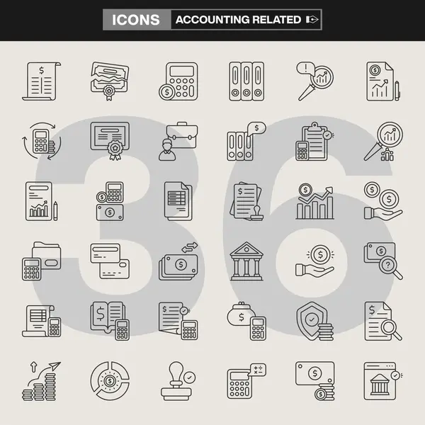 Hesap makineleri, grafikler, para çantaları, belgeler, teraziler, finansal araçlar ve vergi sembollerinin yer aldığı 36 muhasebe simgesinden oluşan bir koleksiyon. Finansman markalaşması, UI / UX tasarımı, bilgi grafikleri ve muhasebe projeleri için ideal