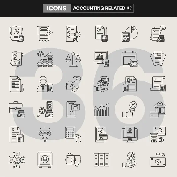 Hesap makineleri, grafikler, para çantaları, belgeler, teraziler, finansal araçlar ve vergi sembollerinin yer aldığı 36 muhasebe simgesinden oluşan bir koleksiyon. Finansman markalaşması, UI / UX tasarımı, bilgi grafikleri ve muhasebe projeleri için ideal