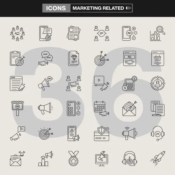 Analitik, sosyal medya, reklamcılık, müşteri ilişkileri ve iletişim araçlarının yer aldığı 36 pazarlama ikonundan oluşan bir koleksiyon. Ticari markalaşma, UI / UX tasarımı, bilgi grafikleri ve dijital pazarlama projeleri için ideal