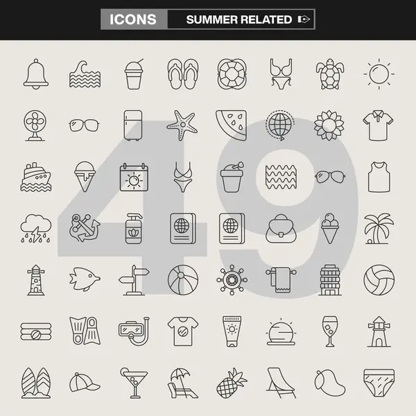 Tatil esasları, sahil sembolleri, doğa unsurları, seyahat ekipmanları ve mevsimlik aktivitelerin yer aldığı 49 yazla ilgili ikon koleksiyonu. Tatil markalaşması, UI / UX tasarımı, bilgi grafikleri ve eğlence projeleri için ideal