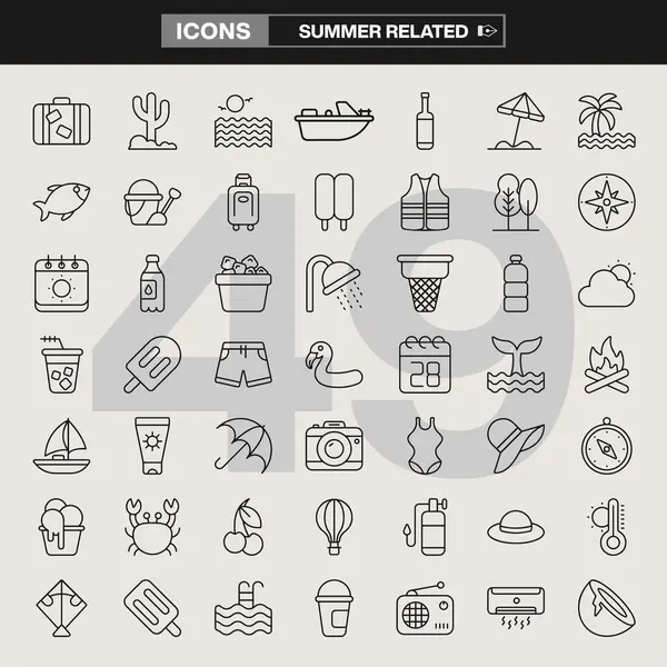 Tatil esasları, sahil sembolleri, doğa unsurları, seyahat ekipmanları ve mevsimlik aktivitelerin yer aldığı 49 yazla ilgili ikon koleksiyonu. Tatil markalaşması, UI / UX tasarımı, bilgi grafikleri ve eğlence projeleri için ideal