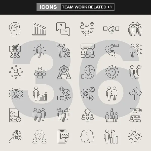İşbirliği, liderlik, beyin fırtınası, hedef belirleme, ağ oluşturma ve üretkenlik sembollerinin yer aldığı 36 takım çalışması ikonundan oluşan bir koleksiyon. Şirket markalaşması, UI tasarımı ve bilgi grafiği için ideal