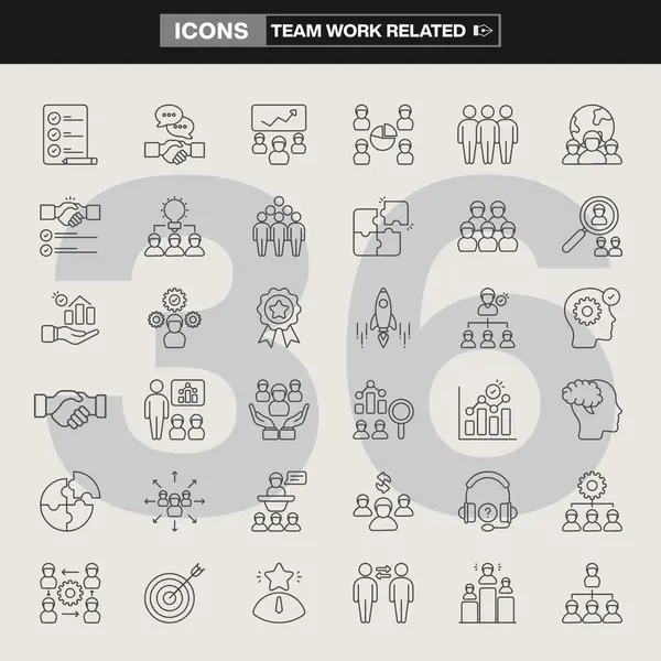 İşbirliği, liderlik, beyin fırtınası, hedef belirleme, ağ oluşturma ve üretkenlik sembollerinin yer aldığı 36 takım çalışması ikonundan oluşan bir koleksiyon. Şirket markalaşması, UI tasarımı ve bilgi grafiği için ideal