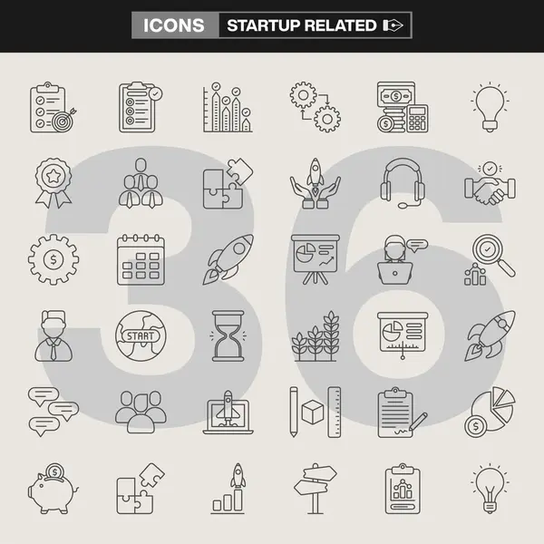 Ticari büyüme, yenilik, planlama araçları, finansal semboller ve strateji görsellerinin yer aldığı 36 başlangıç simgesinden oluşan bir koleksiyon. Markalaşma, UI / UX tasarımı ve bilgi grafikleri için ideal