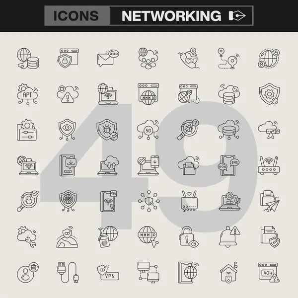 Güvenlik, Bağlantı, Bulut Bilgisayarı, Sunucular, Yönlendiriciler, Veri Aktarımı ve Bilgi ve Teknoloji Markalaşması için Dijital İletişim olmak üzere 49 Satır Sanatı Sembolü içeren Ağ Simgesi Seti