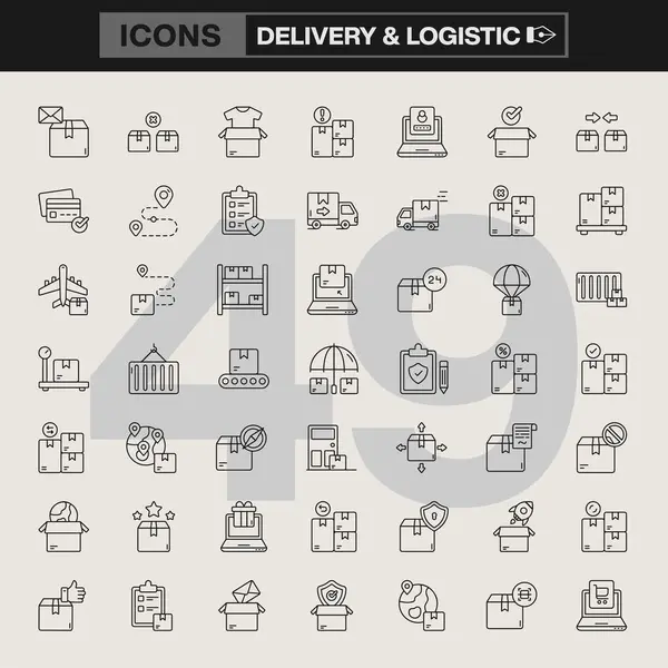 Paketler, kamyonlar, uçaklar, nakliye konteynerleri ve tedarik zinciri ve E-ticaret çözümleri için sipariş takibi temsil eden Çizgi-Sanat Sembolleri içeren Teslimat ve Lojistik Simgesi