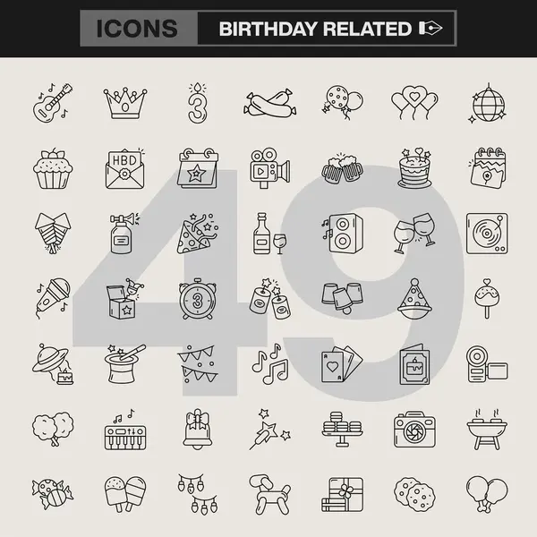 Pastalar, Balonlar, Parti Şapkaları, Hediyeler, Müzik, Kutlama Yemekleri ve Kutlama Tasarımları İçin Eğlenceli Elementler içeren 49 Satır Sanat Sembolü içeren Çok Yönlü Doğumgünü Simgesi