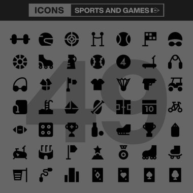 Spor ve Oyunlar Simgesi Çizgi Sanatı Sembolleri, Dijital ve Yazıcı Tasarımı İçin Çeşitli Atletik Etkinlikler, Ekipman ve Eğlence Elementleri Sunar