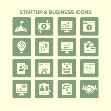 Girişimci ve kurumsal temalar için küresel ulaşım ve finansal yönetim planlama stratejisi analizini temsil eden 16 girişim ve iş ikonlarından oluşan kapsamlı bir koleksiyon