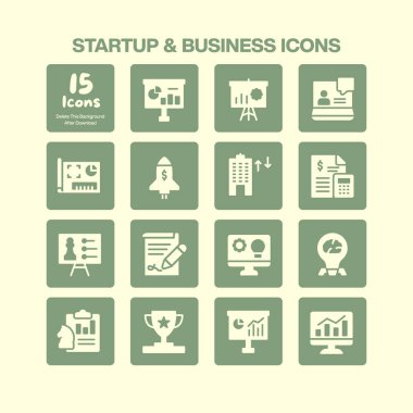 Girişimci ve kurumsal temalar için küresel ulaşım ve finansal yönetim planlama stratejisi analizini temsil eden 16 girişim ve iş ikonlarından oluşan kapsamlı bir koleksiyon