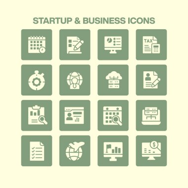 Girişimci ve kurumsal temalar için küresel ulaşım ve finansal yönetim planlama stratejisi analizini temsil eden 16 girişim ve iş ikonlarından oluşan kapsamlı bir koleksiyon