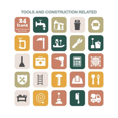 Araçlar ve inşaatla ilgili temalar için 24 düz tasarım ikonu ve çeşitli projeler için ekipman inşa malzemeleri ve çeşitli tamirci araçları içeren sağlam bir koleksiyon