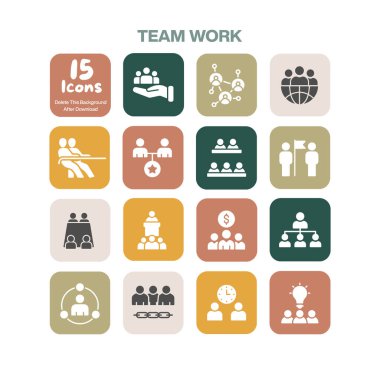 İş sunumları ve motivasyonel içerik geliştirme için gerekli işbirliği iletişimini ve sinerjiyi gösteren 15 adet düz dizayn takım çalışması ikonundan oluşan dinamik bir set
