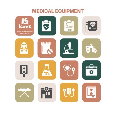 Tıbbi teçhizat ve hastane hizmetlerini gösteren 15 adet düz dizayn ikonu ve teşhis ve hasta bakımı sunumları için gerekli araçları içeren kapsamlı bir set