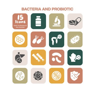 Bakteri ve probiyotik kavramları gösteren 15 adet düz dizayn ikonu, tıbbi içerik için mikroorganizmaların bağırsak sağlığını ve ilgili biyolojik elementleri gösteren özel bir set.