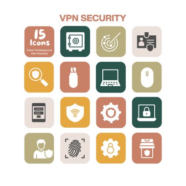 VPN güvenlik ve veri şifreleme ağı savunması ve dijital temalar için çevrimiçi mahremiyet de dahil olmak üzere siber koruma kavramlarına odaklanan 15 yassı tasarım ikonundan oluşan hayati bir koleksiyon