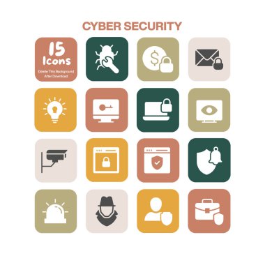 Çevrimiçi tehditlere karşı sağlam bir savunma için koruma, şifreleme ve ağ güvenliğini gösteren kapsamlı siber güvenlik simgeleri. (198 karakter