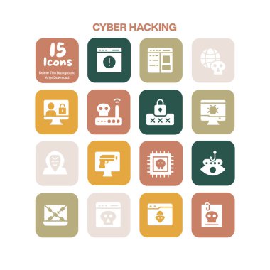 Çevrimiçi sağlam korunma için zayıf noktaları, saldırıları ve güvenlik ihlallerini gösteren kapsamlı bir siber hack ikonu koleksiyonu.