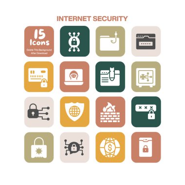 Dijital Yaşamınızı Korumak, güvenlik duvarlarını, şifrelemeyi ve çevrimiçi koruma için güvenli taramayı gösteren çok yönlü bir internet güvenlik simgesi koleksiyonu