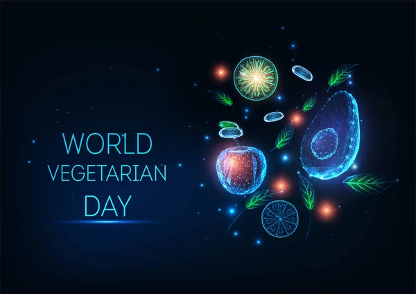 Concept Van Wereld Vegetarische Dag Met Abstract Gloeiende Groenten Fruit — Stockvector