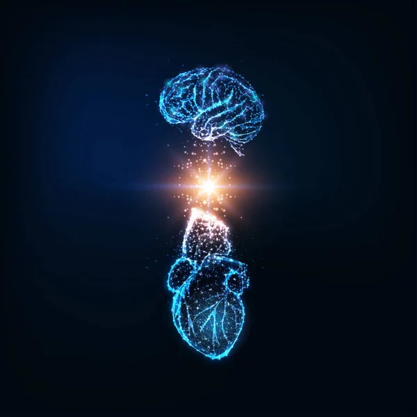 Футуристическая Концепция Эмоционального Интеллекта Светящимся Низким Многоугольным Человеческим Мозгом Сердцем — стоковый вектор