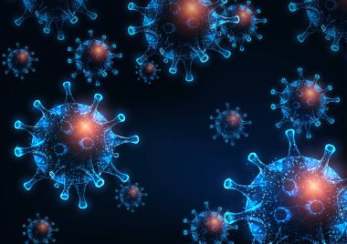 Fütürist parlak düşük çokgen HIV, grip veya koyu mavi arka planda rotavirüs hücreleri. Bağışıklık bilimi, mikrobiyoloji kavramı. Modern tel çerçeve ağ tasarımı vektör çizimi.