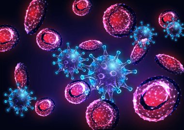 Koyu mavi arka planda parlayan düşük çokgen grip virüsü hücreleri ve eritrositleri olan gelecekçi viral enfeksiyon konsepti. Modern tel çerçeve ağ tasarımı vektör çizimi.