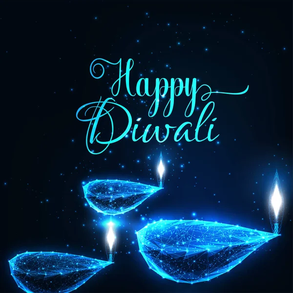 Abstrakt Digital Happy Diwali Holiday Gratulationskort Wigh Brinnande Diya Lampor — Stock vektor