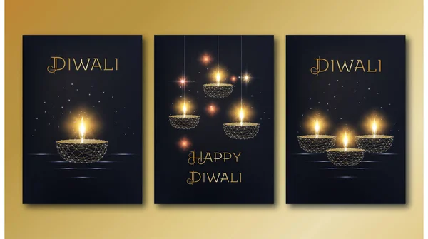 Glad Diwali Affischer Mall Set Med Gyllene Glödande Låg Polygonal — Stock vektor