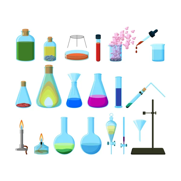 Set Bright Colorful Chemical Laboratory Glassware Isolated White Background Cartoon — Stock Vector