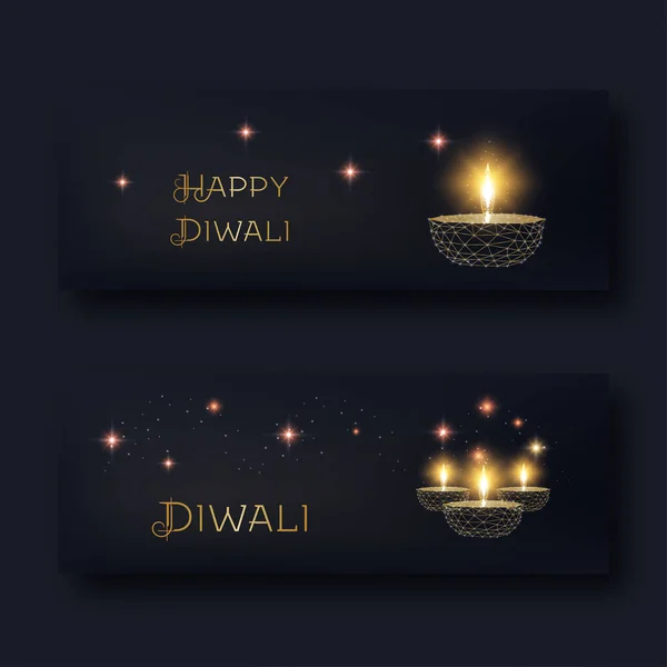 Glad Diwali Web Banners Mall Set Med Futuristiska Glödande Låg — Stock vektor
