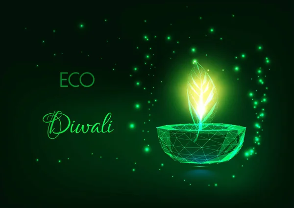 Eco Diwali Koncept Med Futuristiska Glödande Låg Polygonal Diya Lampa — Stock vektor