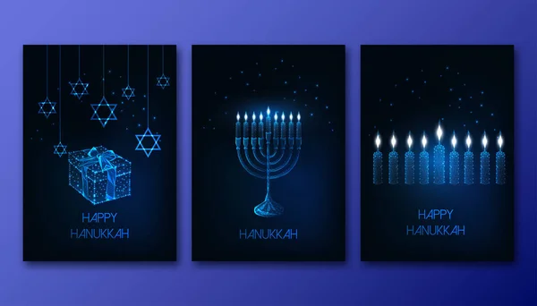 Futuristiska Glödande Låg Polygonal Hanukkah Firande Affischer Som Med Menorah — Stock vektor