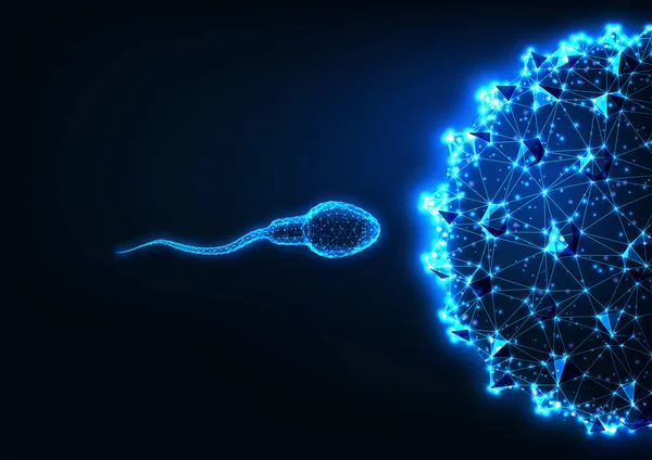 具有发光的低多边形精子和在深蓝色背景下分离的卵细胞的未来受精概念 现代线框网格设计矢量插画 — 图库矢量图片