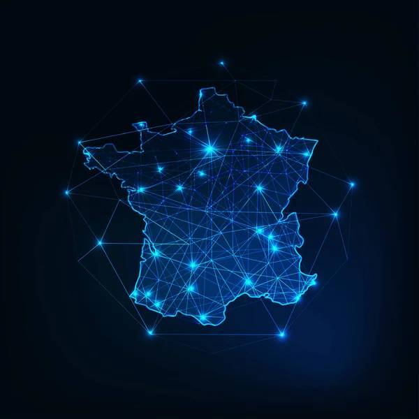 France map outline with stars and lines abstract framework. Communication, connection concept. Modern futuristic low polygonal, wireframe, lines and dots design. Vector illustration.