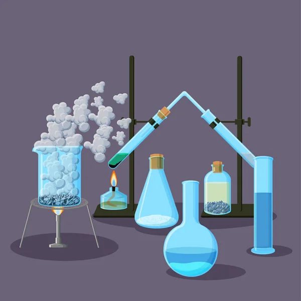 Chemische Geräte Und Experimente Abstrakten Hintergrund Auf Lila Chemie Konzept — Stockvektor