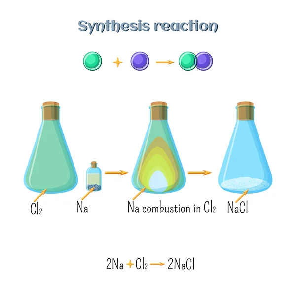 Synthesereaktion Natriumchlorid Bildung Von Natriummetall Und Chlorgas Arten Chemischer Reaktionen — Stockvektor