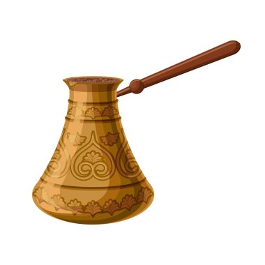 Turkish traditional decorated copper cezve isolated on white background. Turkish antique utensils series, part 3 of 5. Cartoon vector illustration in flat style. clipart