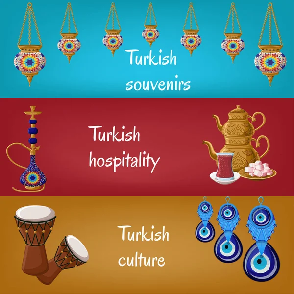Bandeiras Turísticas Turcas Com Lanternas Tradicionais Narguilé Bule Chá Copo — Vetor de Stock