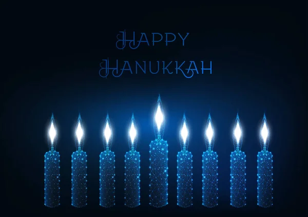 Happy hanukkah greeting card template with nine glowing burning candles on dark blue background. Futuristic low polygonal wireframe design vector illustration.