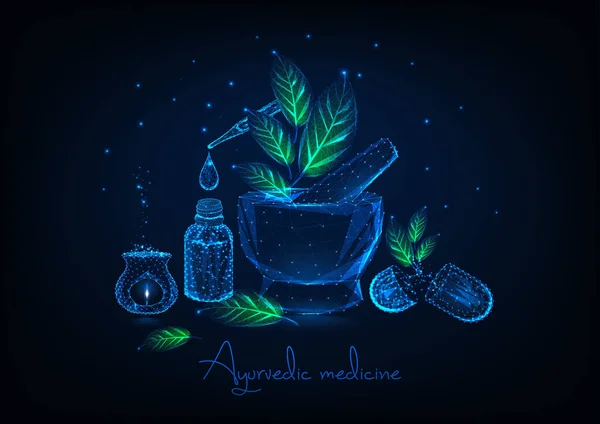 Ayurveda Medizinkonzept Mit Glühend Niedrigem Polygonalen Mörtel Blättern Ätherischen Ölflaschen — Stockvektor