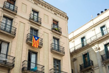 Barselona Belediye Meclisi ve Katalonya Özerk Hükümeti 'nin bulunduğu Sant Jaume Meydanı' nda eski bina ve bağımsız bir katalan bayrağı ayrıntıları.