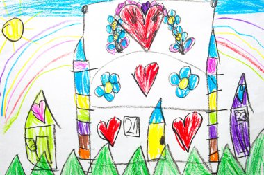 Renkli çocuk kalp şeklinde ve çiçekli harika bir ortaçağ kalesi çiziyor..