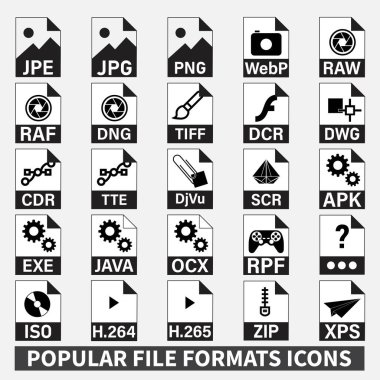 File formats icons vector set. Take your file organization to the next level with this versatile set of file format icons. Covers popular formats for documents, audio, video, and more.